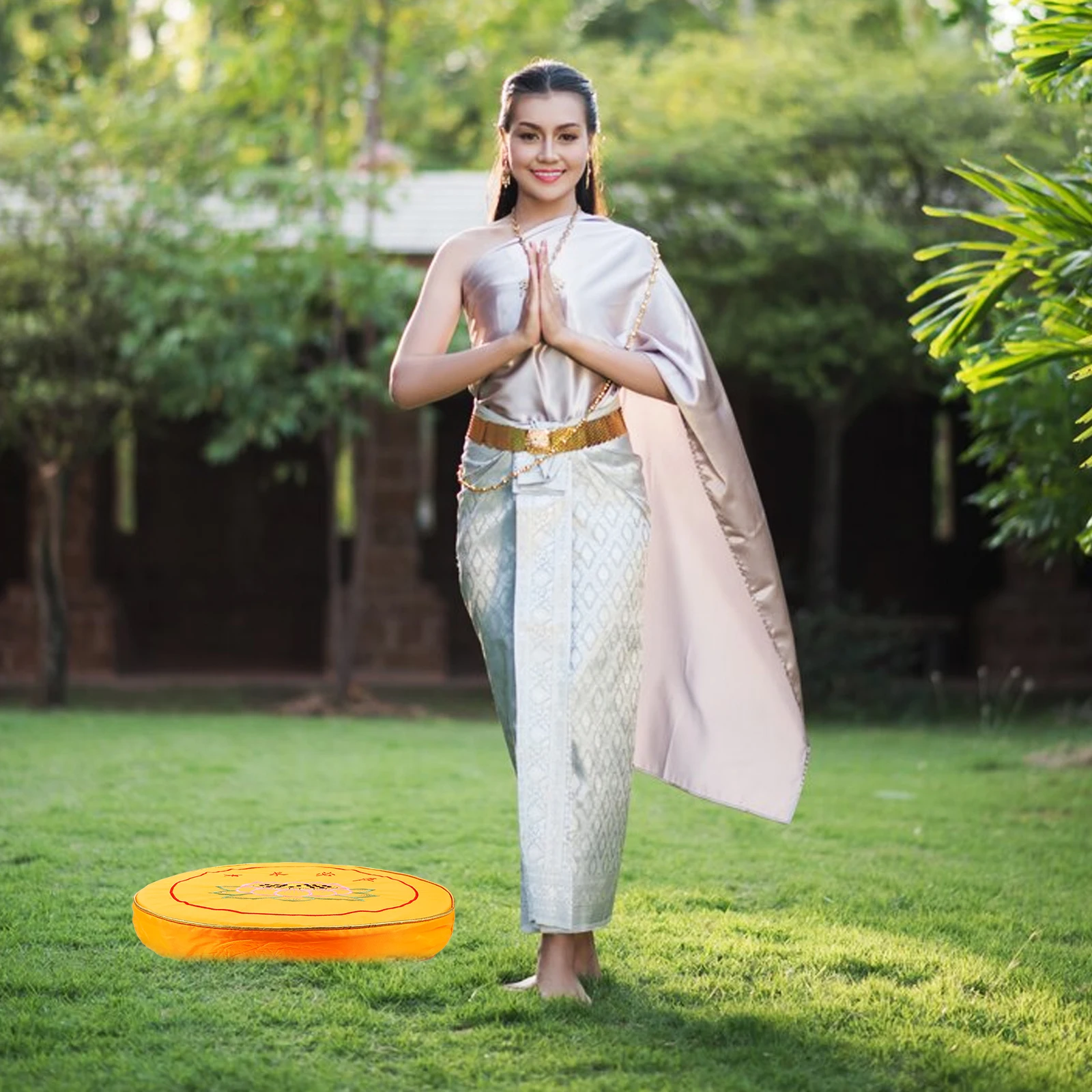 

Buddha Worship Cushion Yellow Small Size Pad for Home Temple Mat Embroidery Pattern Seat