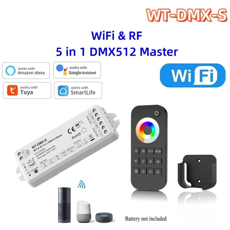 WT-DMX-S 5 in1 Tuya WiFi RF DMX512 Master 5CH DMX Signal Output and RT5 Push Dimming Voice Smart Control 4Zone Remote Controller