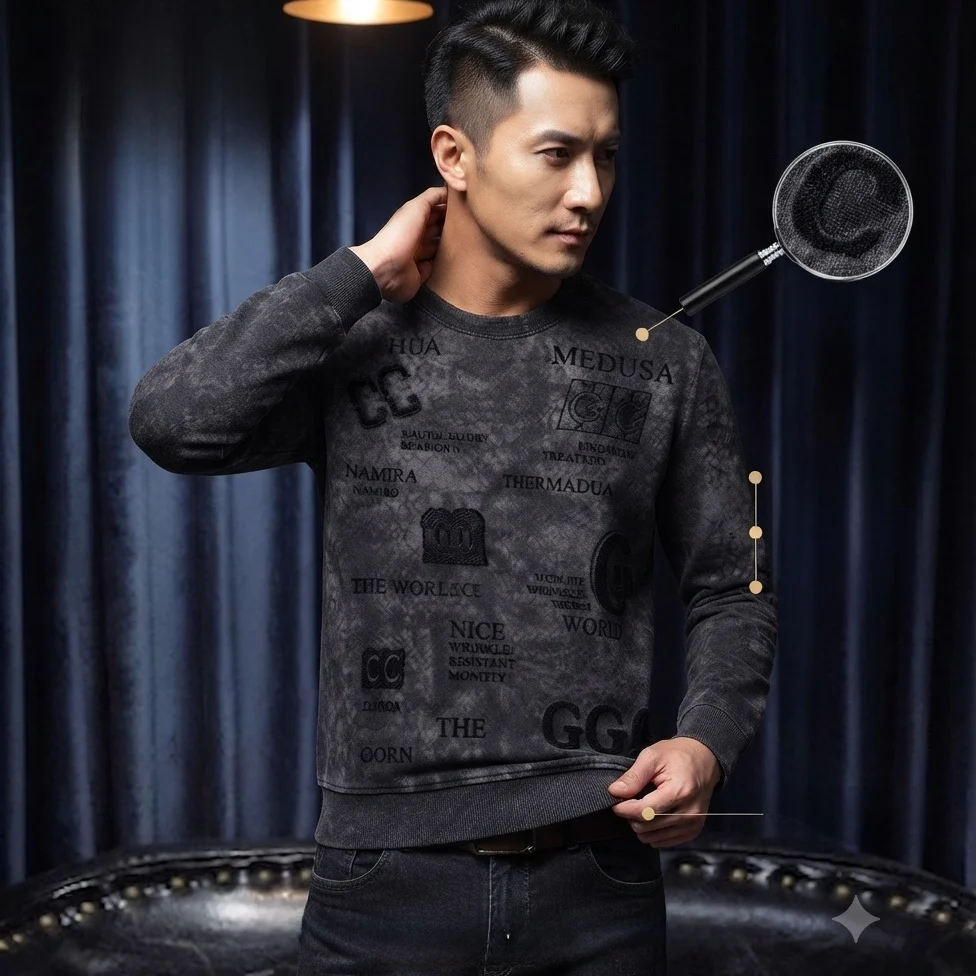 

Vintage Washed Spring 2026 Men's Long Sleeve Hoodie round Neck Street Style Fashion Print Slim Fit Cotton Polyester Blend