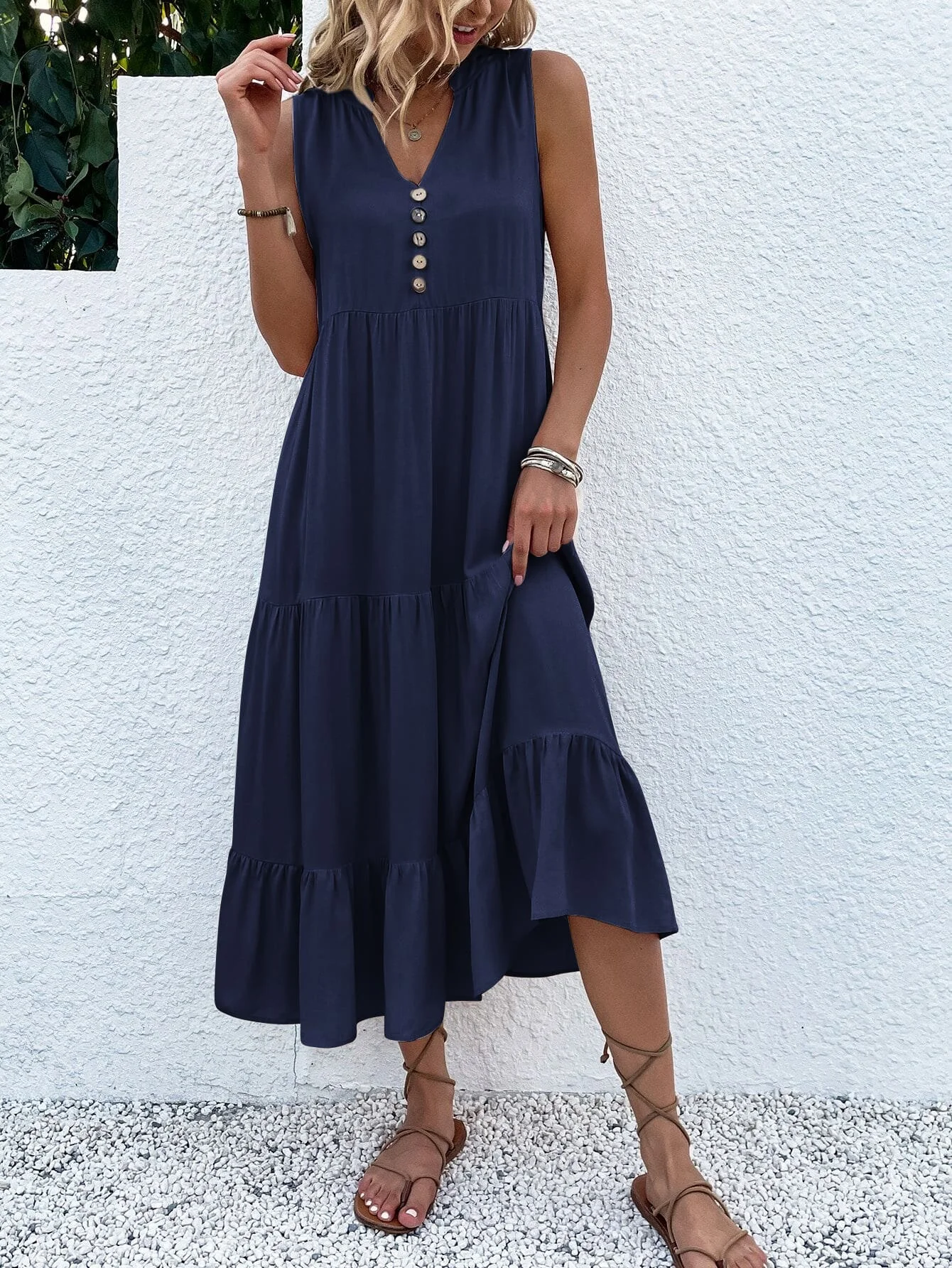 

Navy Blue Sleeveless V-Neck Button Front Tiered Maxi Dress