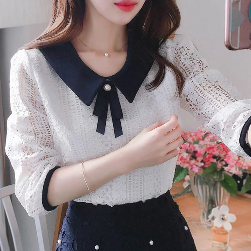 Women\'s Spring Autumn Style Lace Blouses Shirt Women Peter Pan Collar Solid Color Half Sleeve Elegant Lace Tops SP8676