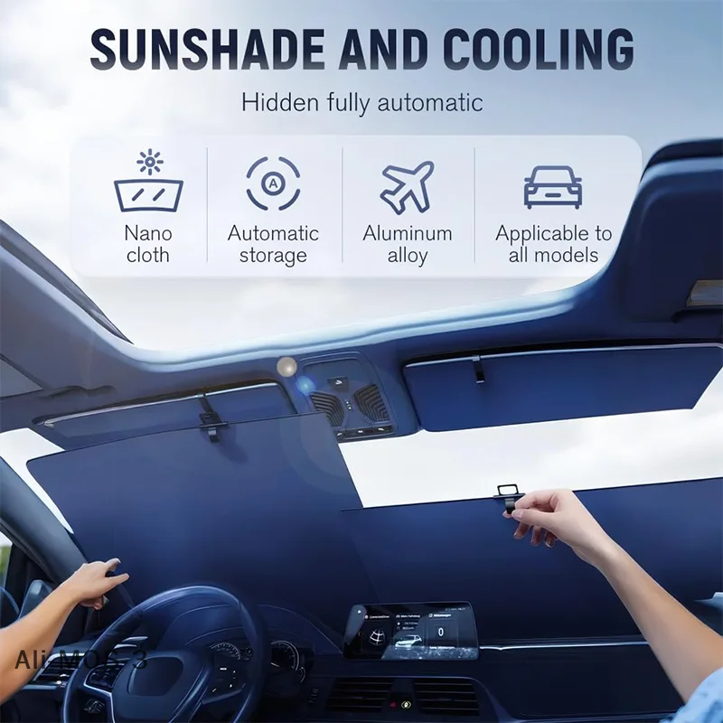 【P】1pair Automatic Retractable Car Sunshade Oxford Cloth Sun Shade Front Windshield Car Sun Visor Auto Outdoor Accessories