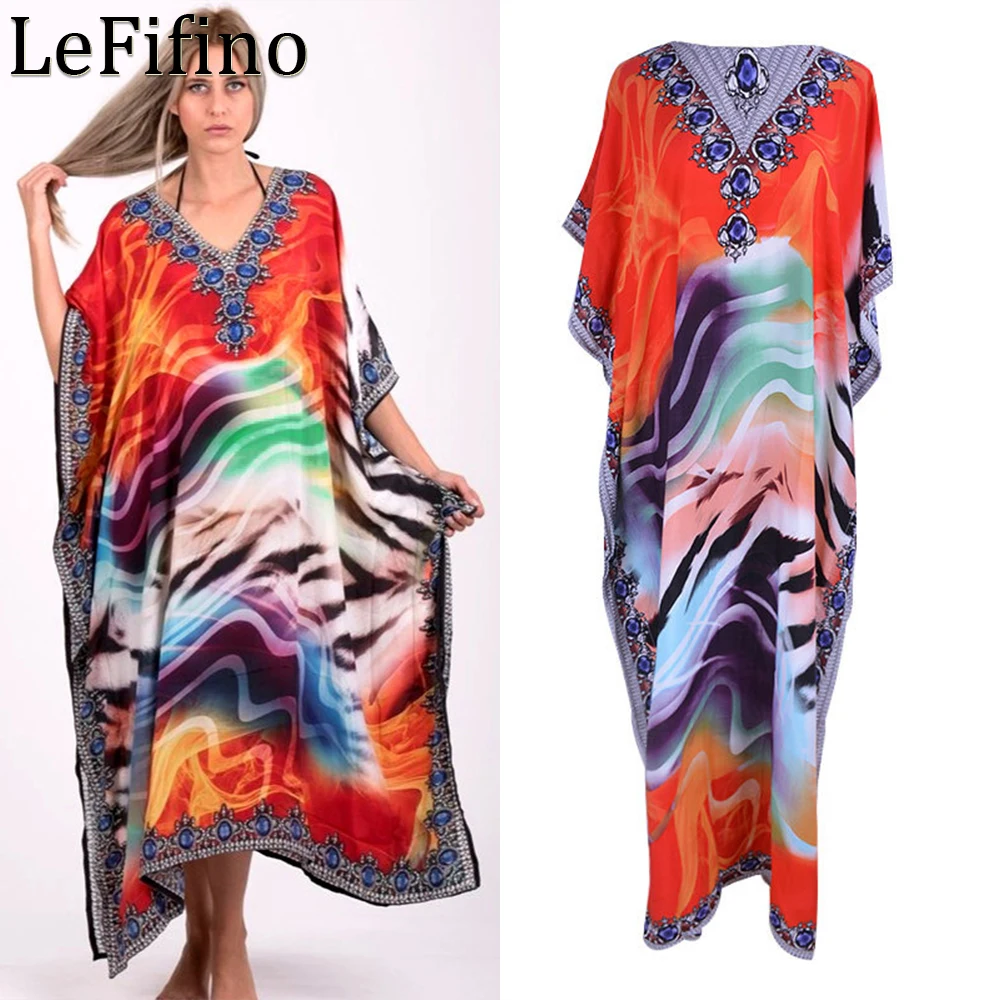 Popular Summer New Artificial Cotton V-neck Positioning Printing Loose Size Robe Beach Vacation Sun Protection Dresses For Women