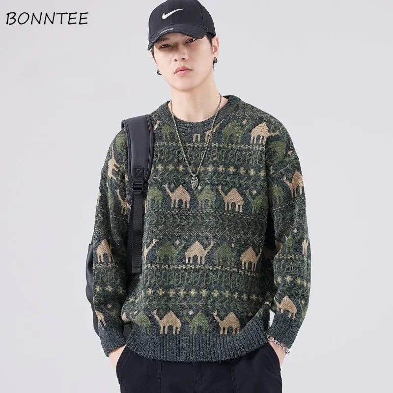 

Pullovers Men Vintage O-neck Japanese Style Casual Knitted 3 Colors All-match Autumn Winter Loose Warm Windproof College Young
