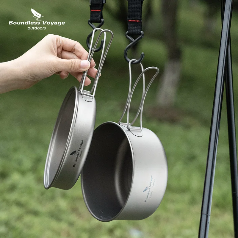 Pure Titanium Boiling Pot+Frying Pan Suit,Ultra Lightweight Folding,Healthy Portable,Outdoor Camping,Cooking Utensils, Tableware