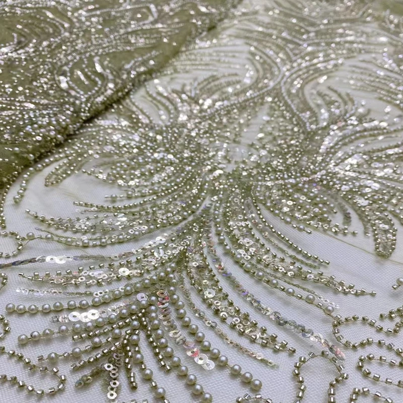 

Latest Heavy Beaded Lace Fabric Rhinestones Embroidery Handmade Wedding Sequence African Lace Fabric With Pearls TS1266