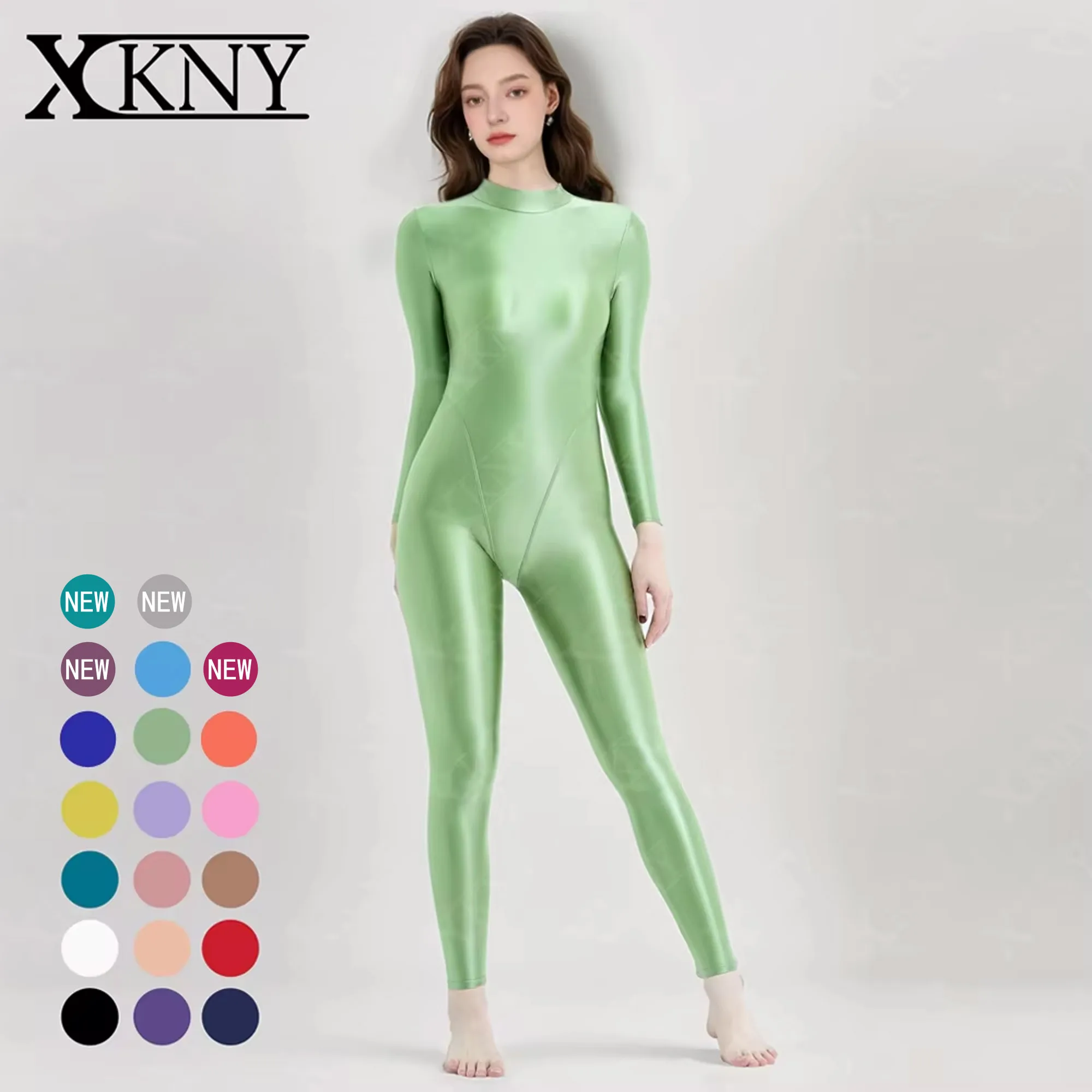 

XCKNY glossiness series bodysuit Satin Glossy Oil High Neck zipper Long sleeved pants Full body V-crotch jumpsuit Silk leotard