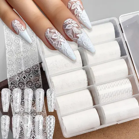 10 Elegant White Lace Floral Nail Art Transfer Stickers Lace Design Boxed Nail Transfer Foil Starry Sky Decals DIY Nail Art