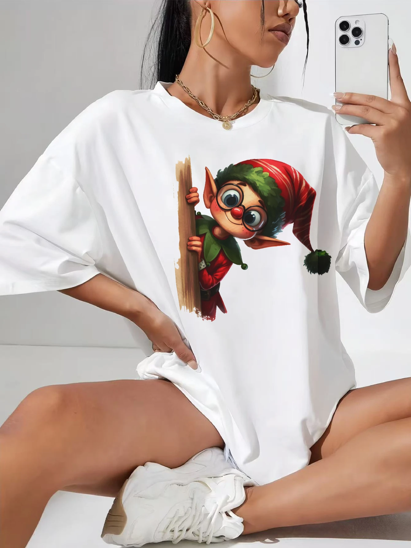 

Christmas Characters peeking around Plus Size Women's Winter T-Shirt White Cotton for Christmas Pregnancy Comfortable Casual Fit