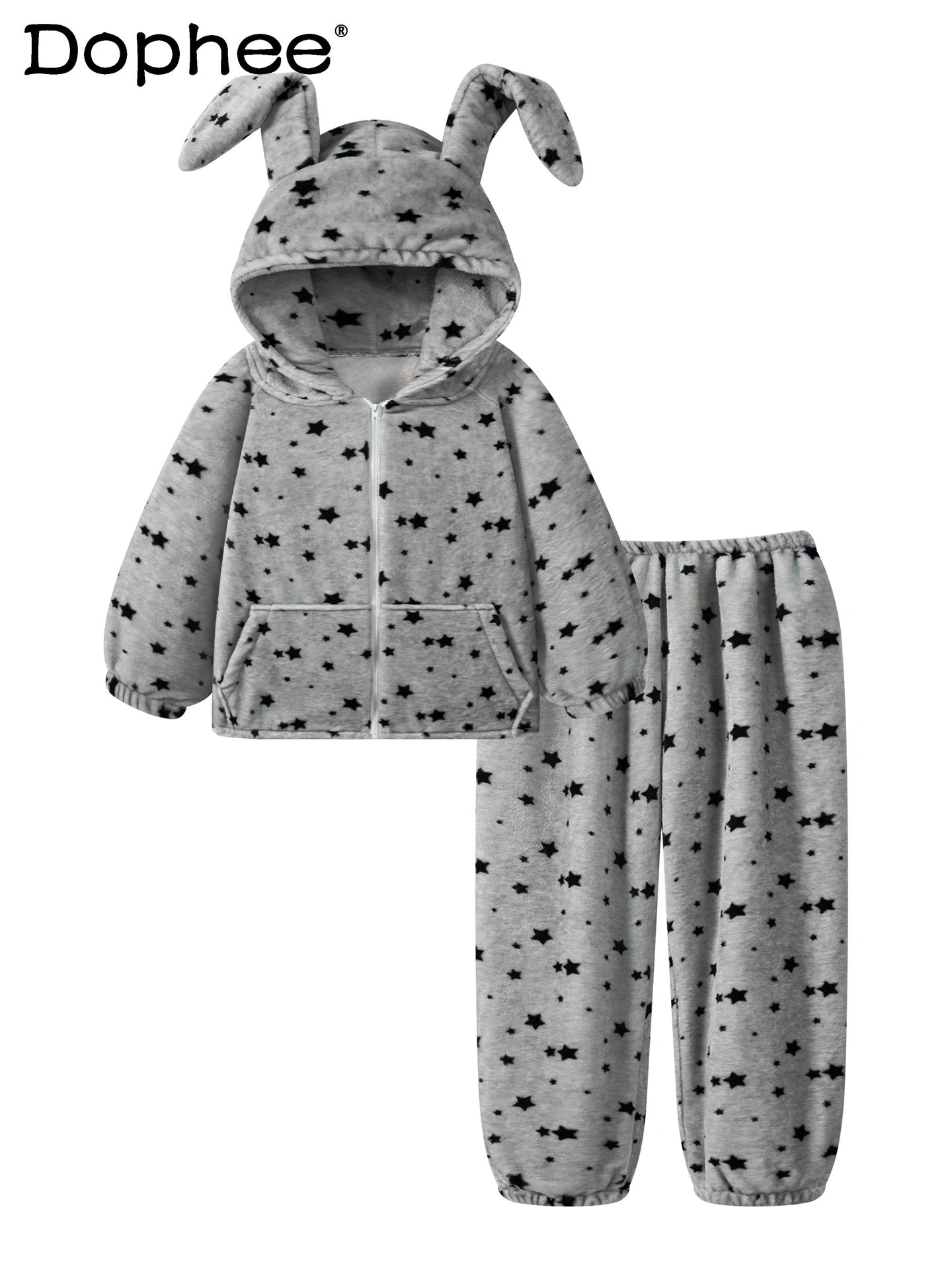 

Winter Thickened Star Cartoon Bunny Ears Cute Zipper Hooded Flannel Pajama Set Casual Coral Fleece Wearable Homewear for Women
