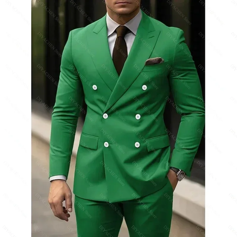 

Suits for Men 2 Piece Chic Double Breasted Groom Wedding Tuxedos Party Smart Casual Peak Lapel Solid Color Slim Costume Homme