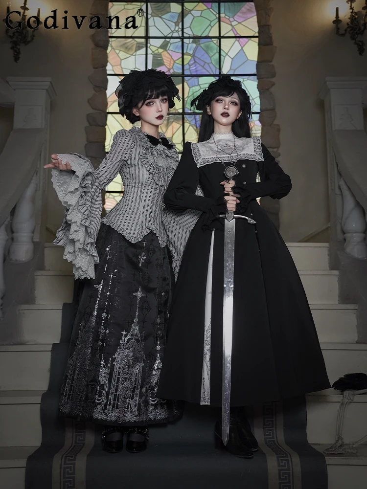 

Halloween Cos Black Gothic Long Dress OP New 2025 Women's Slim Fit Elegant Court Style Retro Dress Set Lolita Skirt Shirt Set
