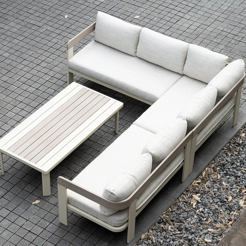 All aluminum alloy wood grain outdoor corner sofa, casual table and chair combination