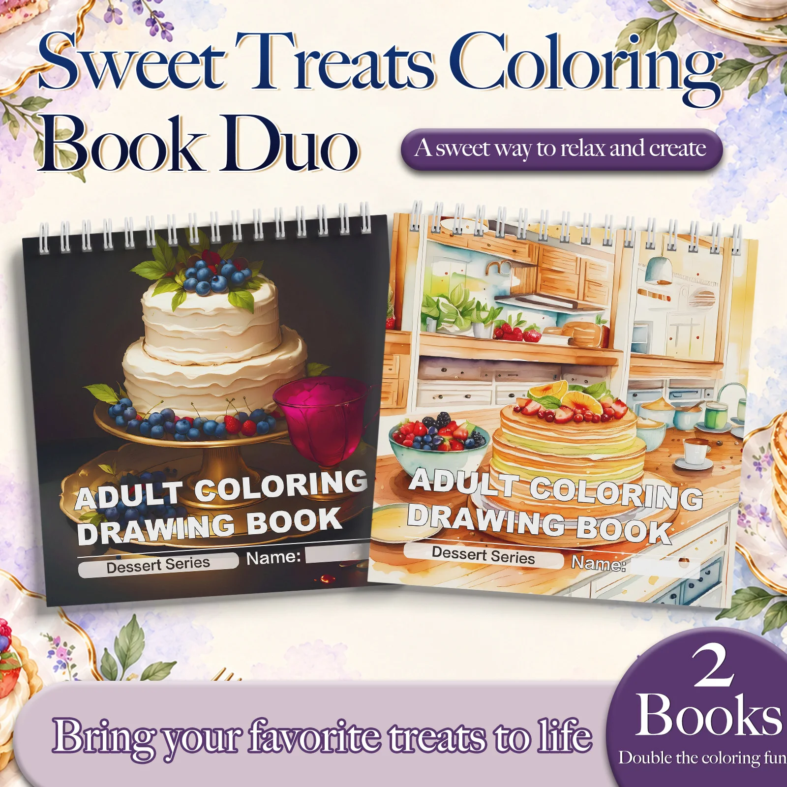 Sweet Treats Coloring Notebooks, Dessert and Cake Themes, Adult Coloring, Creative Drawing, Bakery Scenes, Fruit Toppings