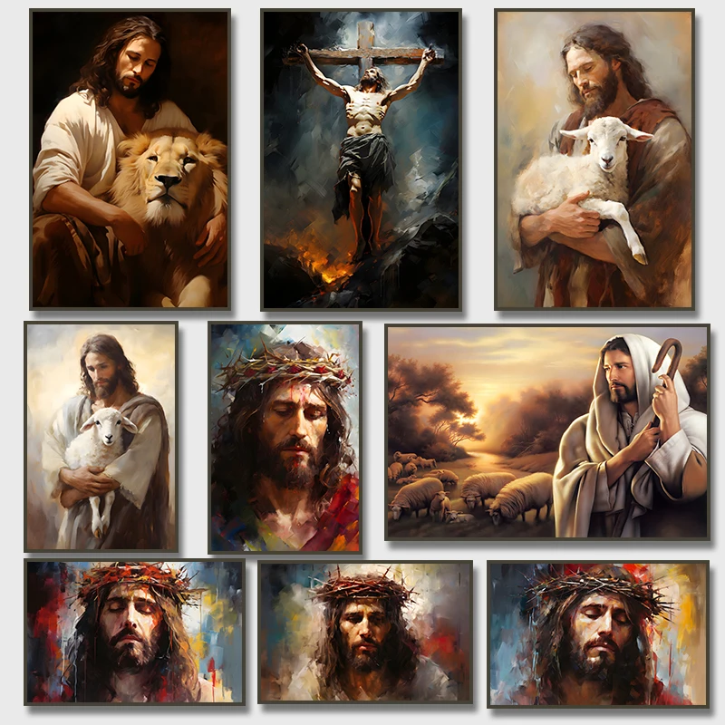 Jesus Christ Crown of Thorns Painting Print on Canvas The Lion of Judah Good Shepherd Poster Wall Art Christian Home Decor