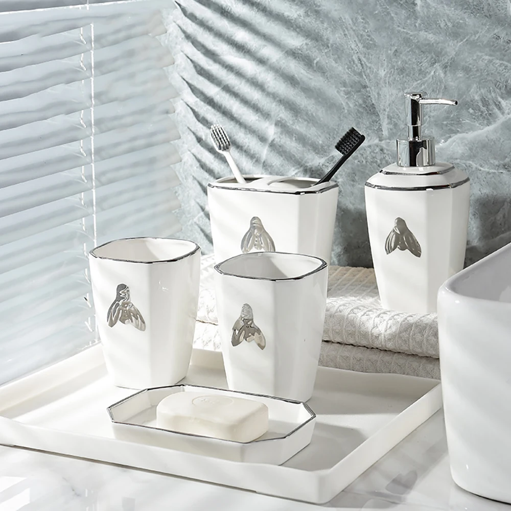 Silver ceramic bathroom five-piece toiletry set bathroom supplies mouthwash cup toothbrush cup set