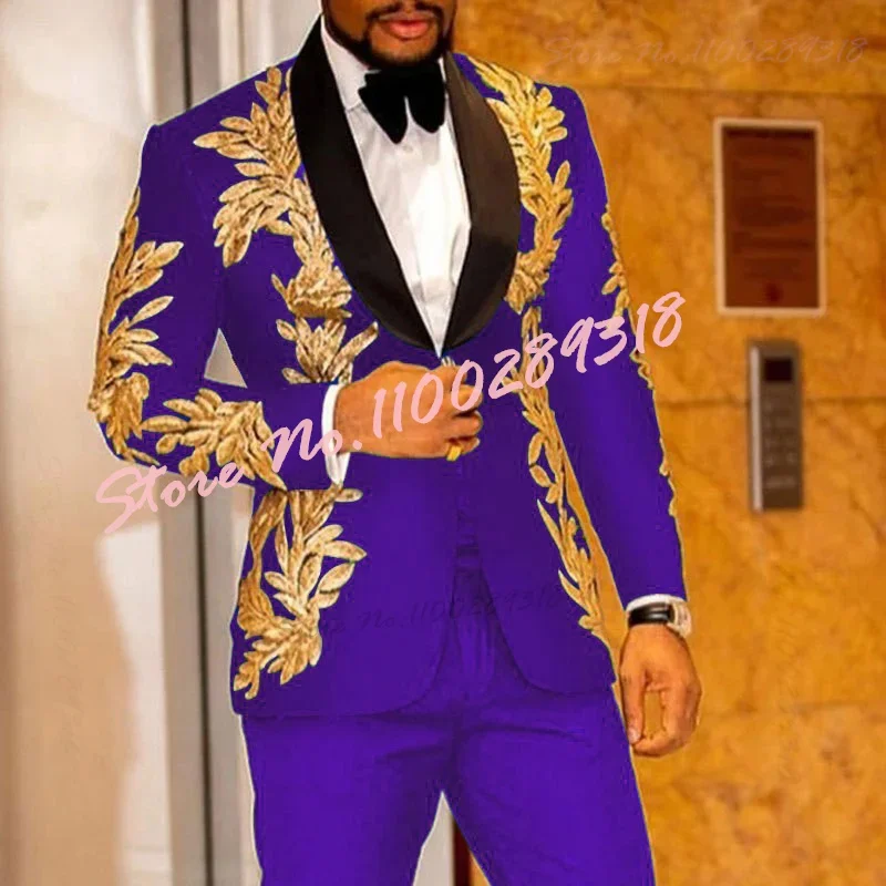 Gold Embroidery Luxury Men Suits Set For Wedding Formal   Prom Slim Fit Groom Wear Tuxedos Costume Homme 2Pieces(Jacket+Pants)