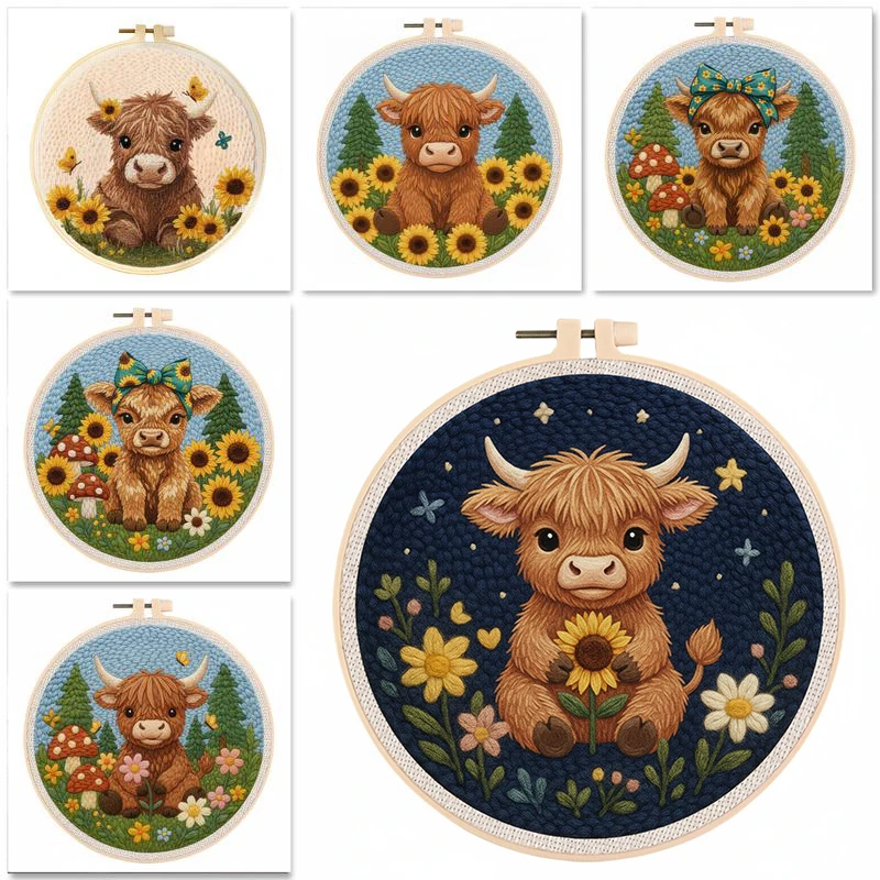 

GATYZTORY 20x20cm Punch Needle Embroidery Starter Kits Cow Pattern for Adults Beginners Punch Needle Kits Easy Handicraft