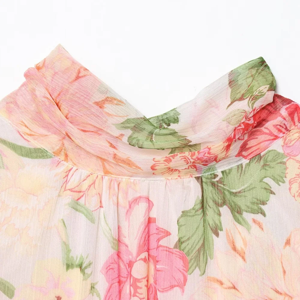 スタンドカラーのノースリーブとウエストストラップ付きのプリント柄ゆったりワンピース、夏の新作レディースファッションロングスカート