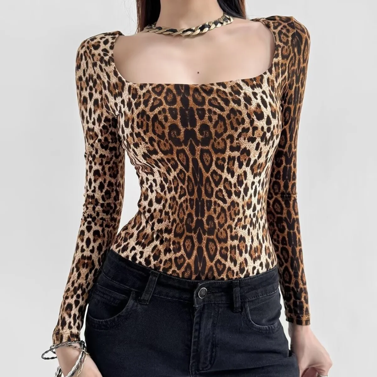 Leopard Bodysuits Fall Outfits For Women 2024 Fashion Sexy Square Collar Jumpsuits Long Sleeves Slim Shapewear Winter Bodyshaper