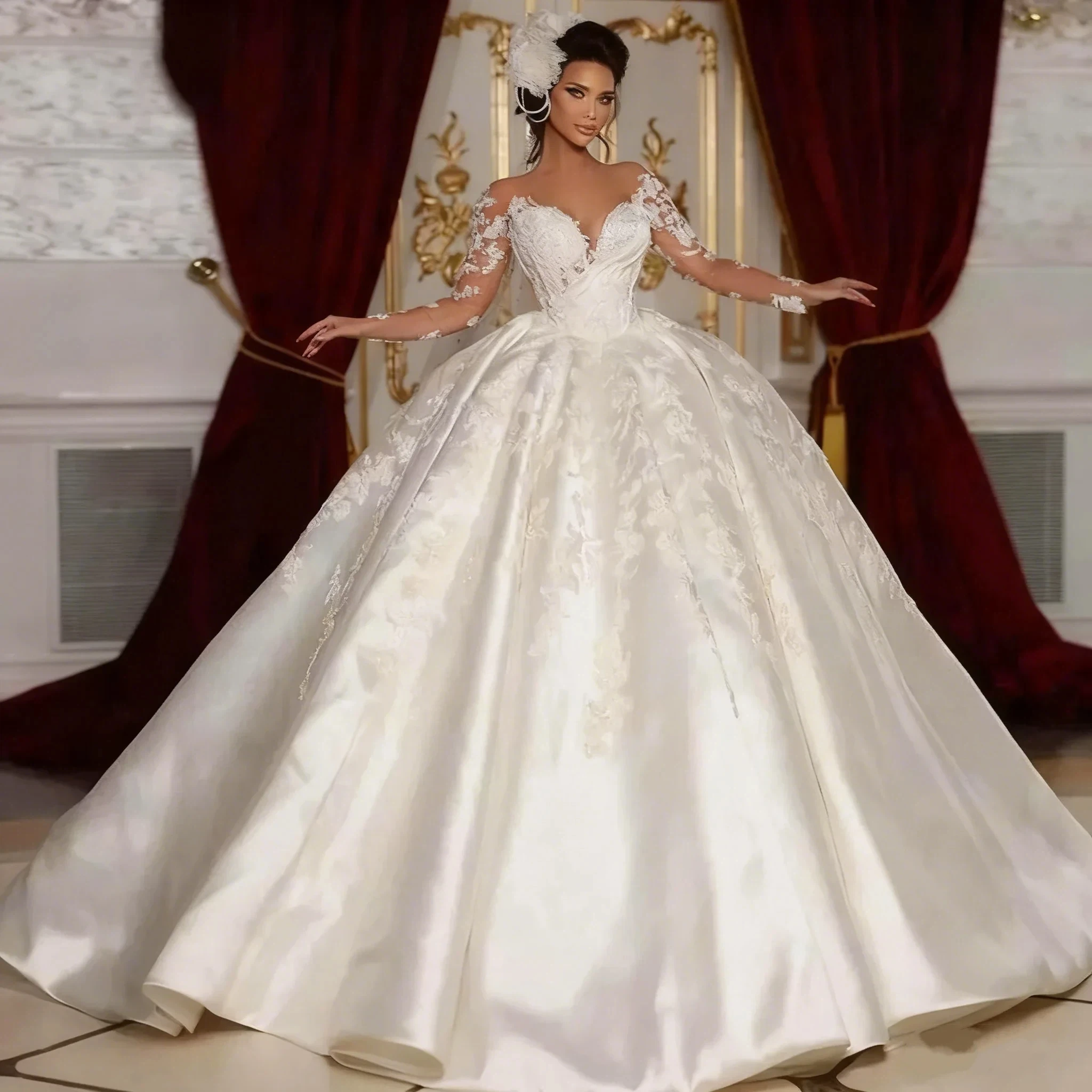 Luxurious A-Line Lace Applique Beaded Fluffy Wedding Dress Sexy V-Neck Transparent Long Sleeved Ballroom Bridal Gown Customized