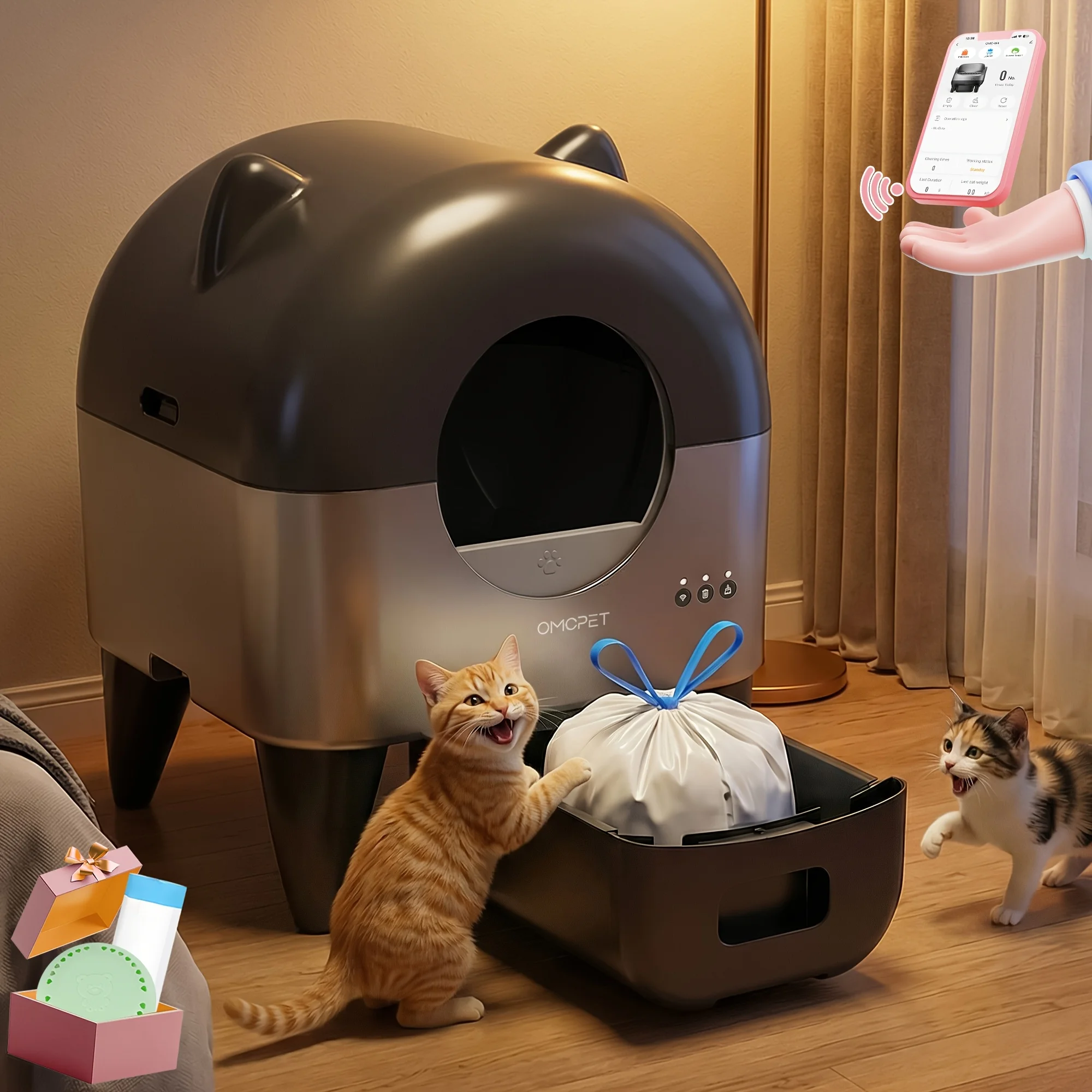 OMCPET Extra Large Self-Cleaning Cat Litter Box for Multiple Cats, Sealed Odor Control, Smart App Management, Ambient Light, Aut