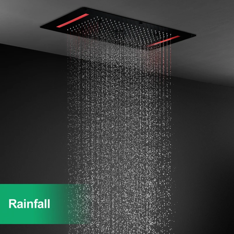 700X380MM Ceiling Rain Mist Column Shower Head Set Bathroom 304 stainless Steel Black LED Shower