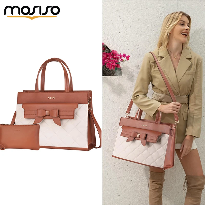 MOSISO Tote Bag 15.6 inch PU Leather Flapover Pocket Tote Bag & Clutch Purse Work Bag with Bowknot for Women Waterproof Fashion