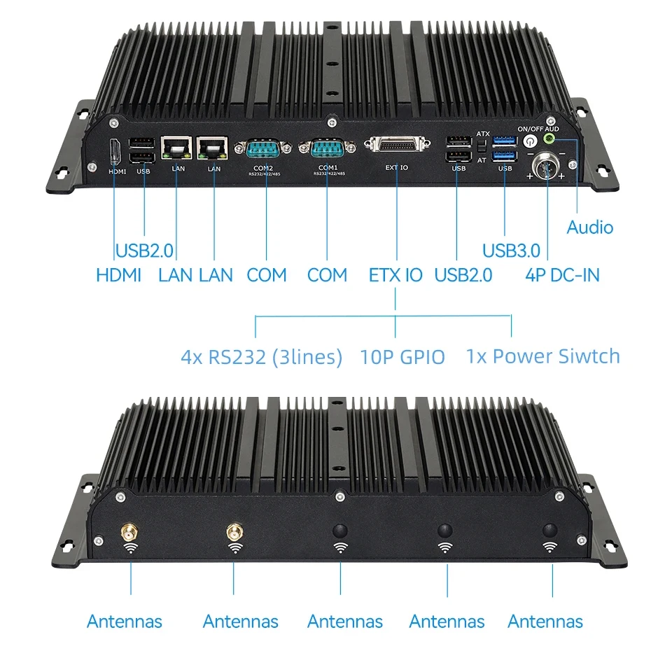 Fanless IoT Industrial PC i7-10510U M.2 SSD DDR4 2x RS232/485 Dual 2.5GbE WiFi 4G/5G LTE Windows10 Linux GPIO 4x RS232 Expansion