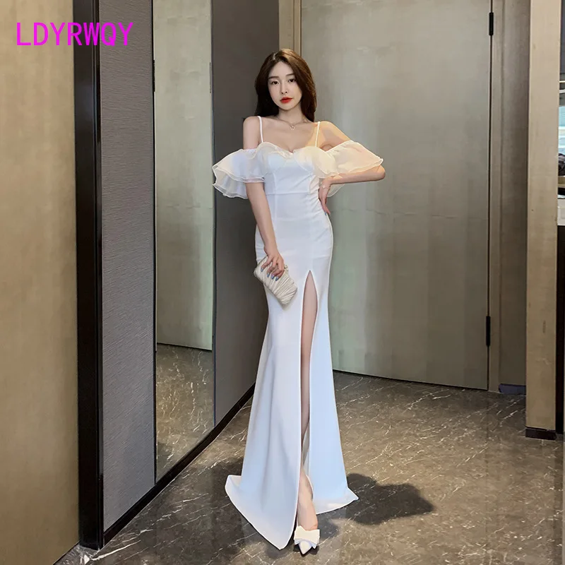 

2022 Sexy one-neckline, low-cut halter belt, long dress, backless, slim, slit, buttock mop