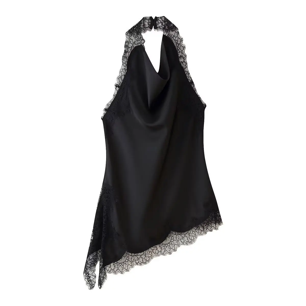 Women's Sexy V-neck Backless Black Asymmetrical Lace Camisole Lady Vintage Sleeveless Slip Evening Party Halter Blouse