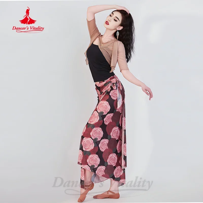 Ropa de actuación de danza del vientre para mujer, falda elegante y cómoda con estampado de gasa de agua, ropa de práctica de verano, nueva