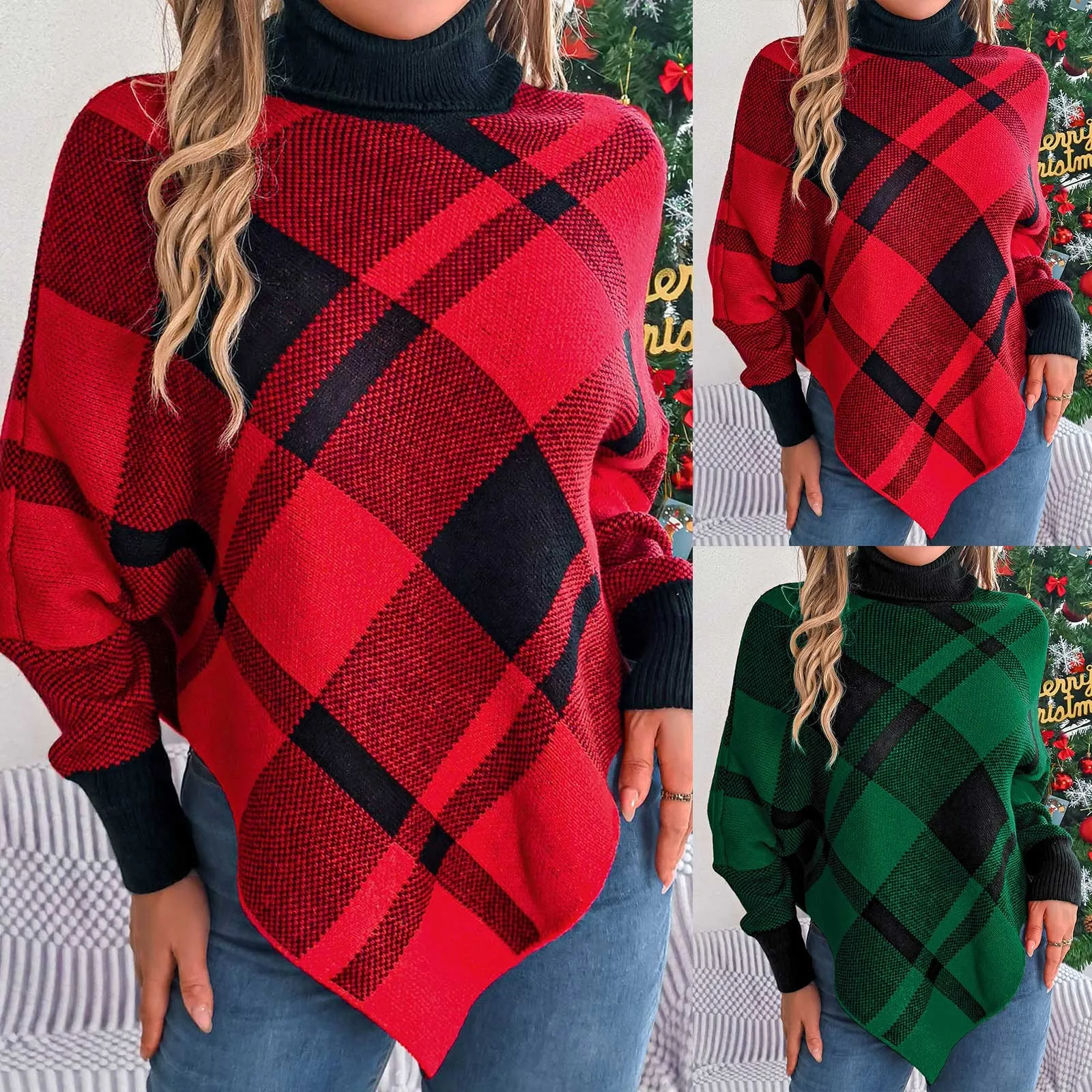 Damen-Pullover mit Karomuster, Weihnachtskostüme, Rollkragenpullover mit unregelmäßigem Saum, Farbblockierung, modischer Pullover, Weihnachtsferien, Strickpullover