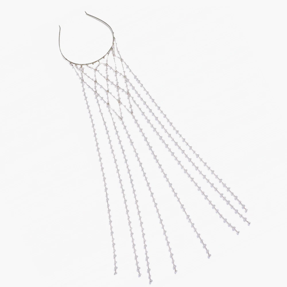 Boho Imitation Pearl Hair Chains Wedding Headpiece Grid Draping Back Veil Elegant Palace Style Photo Prop Headwear view 5