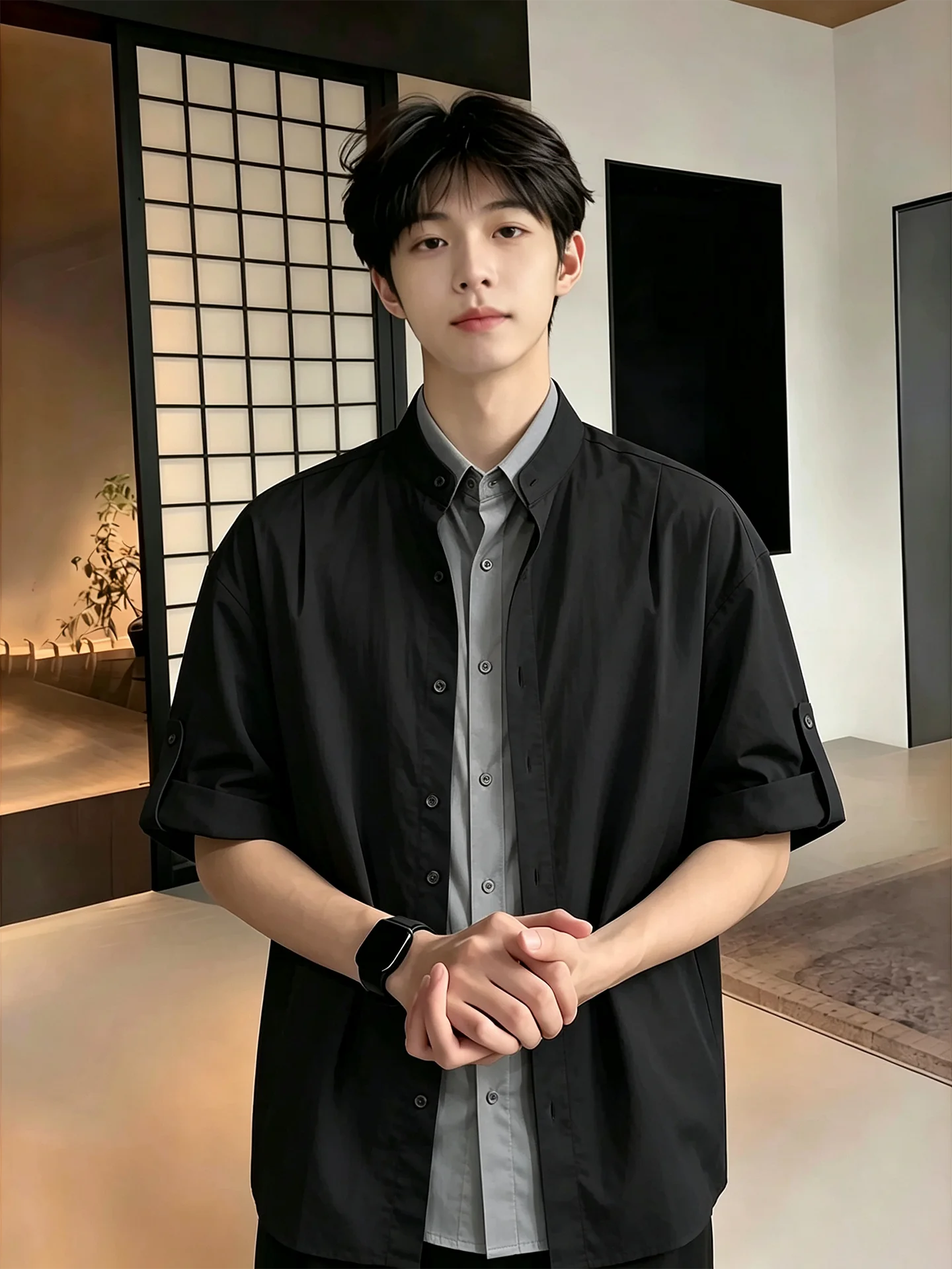 Tian Blue Ice Silk Short Sleeve Men's Shirt Summer Adjustable Sleeve Fake Two-Piece Loose Fit Casual Style Polyester Fiber