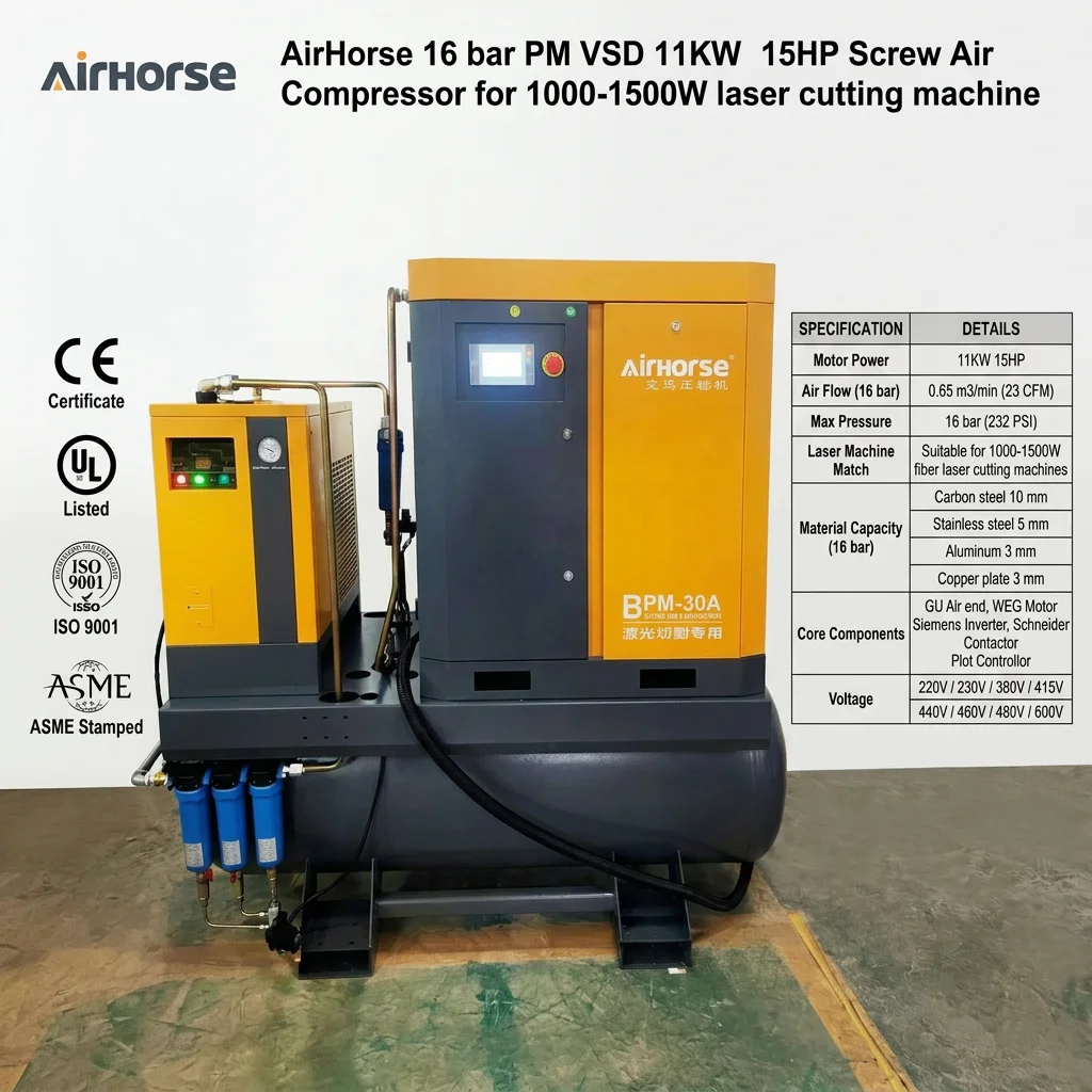 AirHorse CE ASME Certified 11kw 15hp 16bar 23CFM 4 in 1 VSD Industrial Screw air Compressor for 1000-1500W Laser Cutting Machine