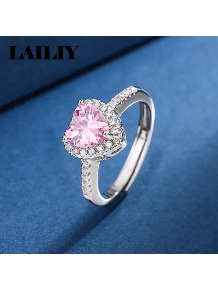 Women's 925 Sterling Silver Adjustable Pink Heart Diamond Ring