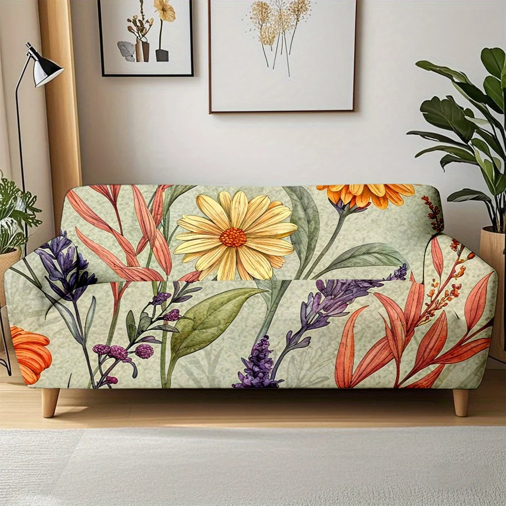 1pc Watercolor Wildflower Botanical Print Stretch Sofa Cover, Boho Daisy Lavender Couch Slipcover for Cottage Home Decor