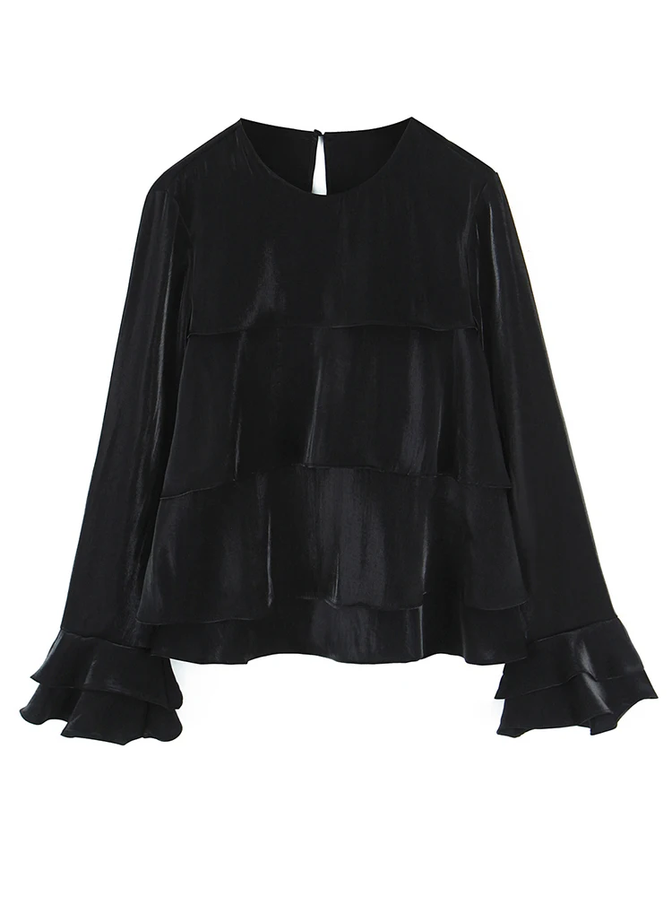 Damska satynowa bluzka 2025, damska, jesienna, nowa moda, dekolt okrągły, długi rękaw, falbana na dole, koszula damska, styl high street, luźne topy.