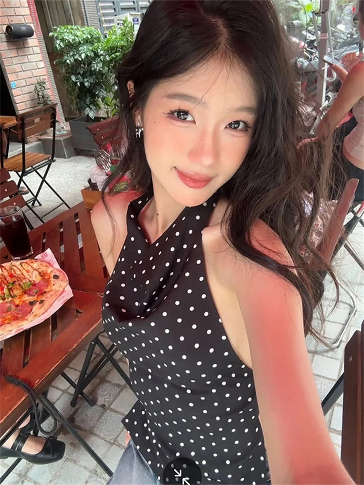 Weird Pusss Polka Dot Print Tank Tops Women Halter Backless Skinny Sexy Summer Trend Hottie Street Midnight Coquette Party Vest