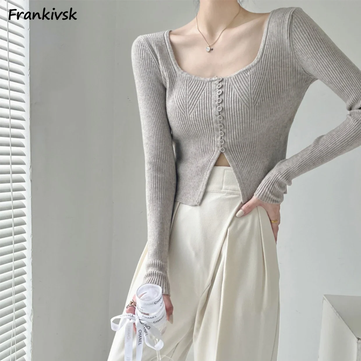 Slim Sweaters Women Square Collar Stretchy Japanese Commuting Style Sexy Elegant All-match Simple Classic Hipster Exquisite Tops