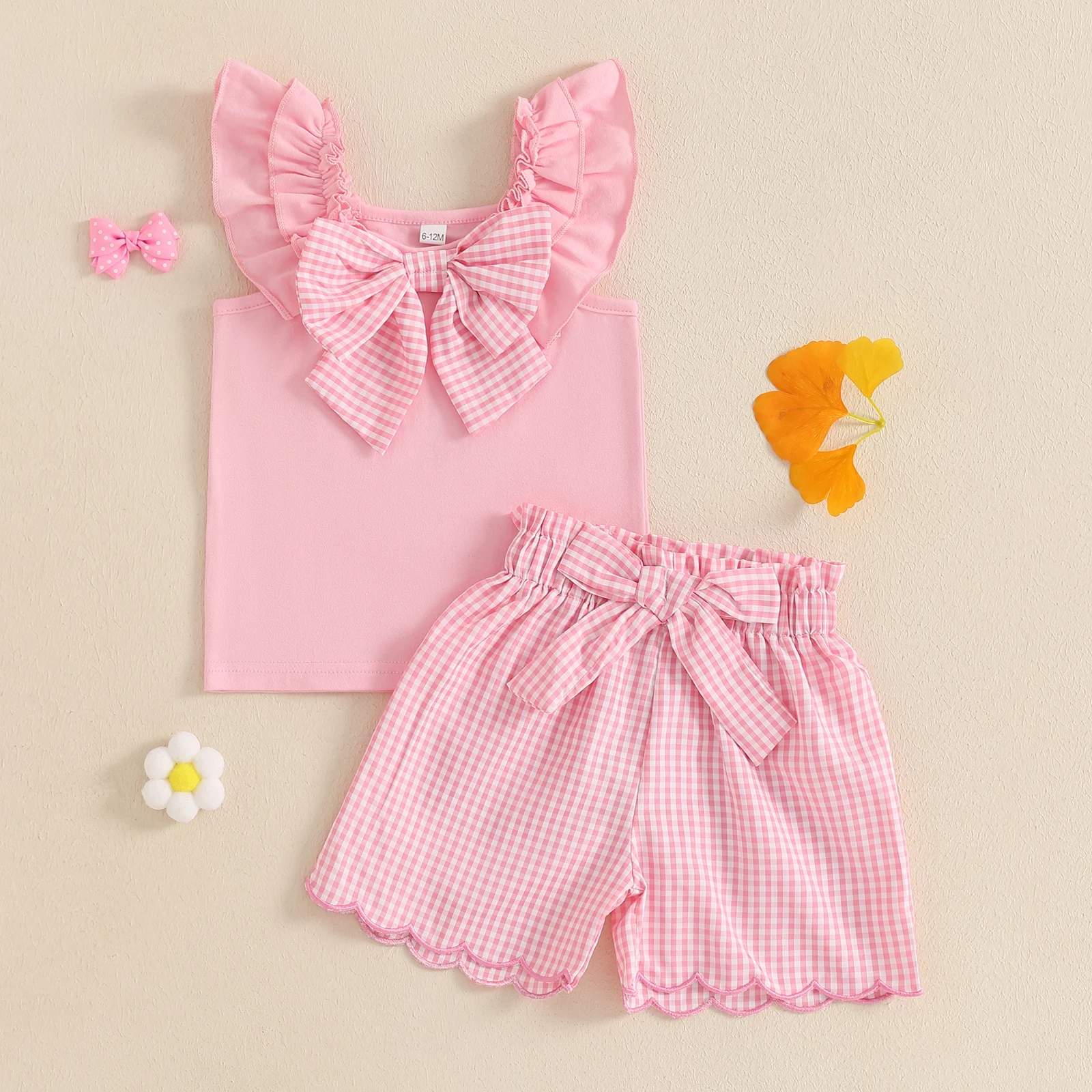 أطقم ملابس صيفية للفتيات الصغيرات من FOCUSNORM من عمر 0 إلى 4 سنوات مكشكشة بدون أكمام مع فيونكة كبيرة + شورت مطبوع منقوش #5