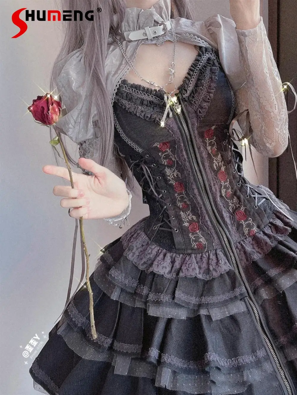 

Women's Lolita Y2k Dress Lady Gothic Vintage Victorian Harajuku Lace Bandage Rose Embroidery Sleeveless Party Dresses Black Top