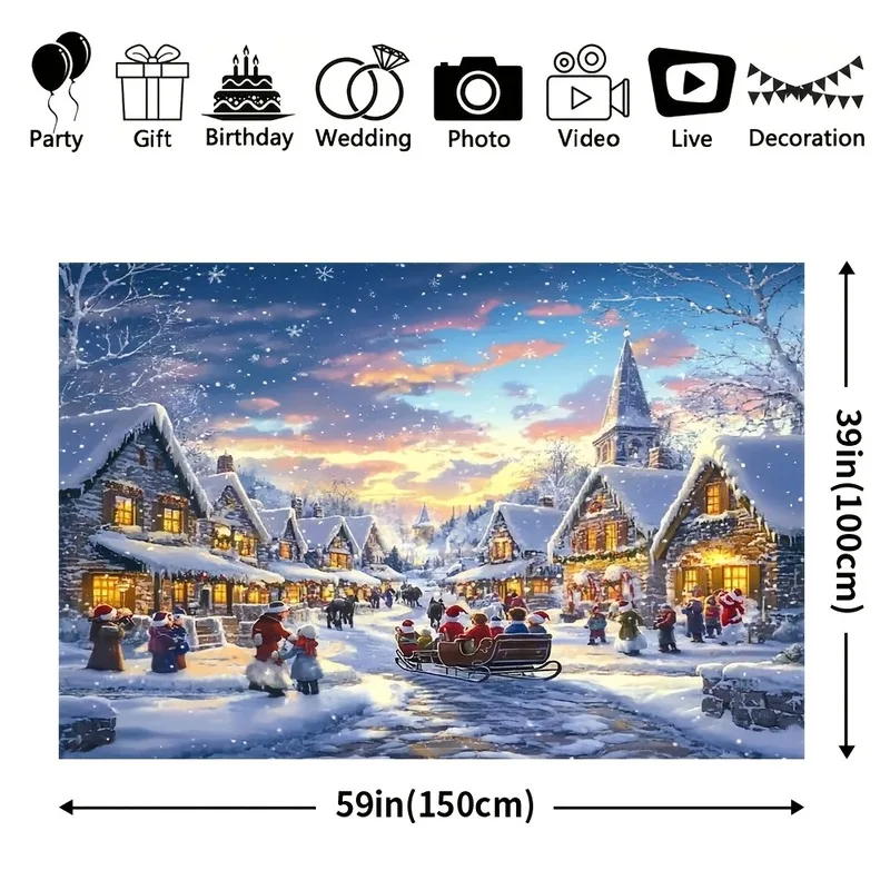 VIKAMA Frozen Christmas Village Tapestry, Blue Winter Wonderland Snowy Houses, Xmas Wall Hanging for Bedroom