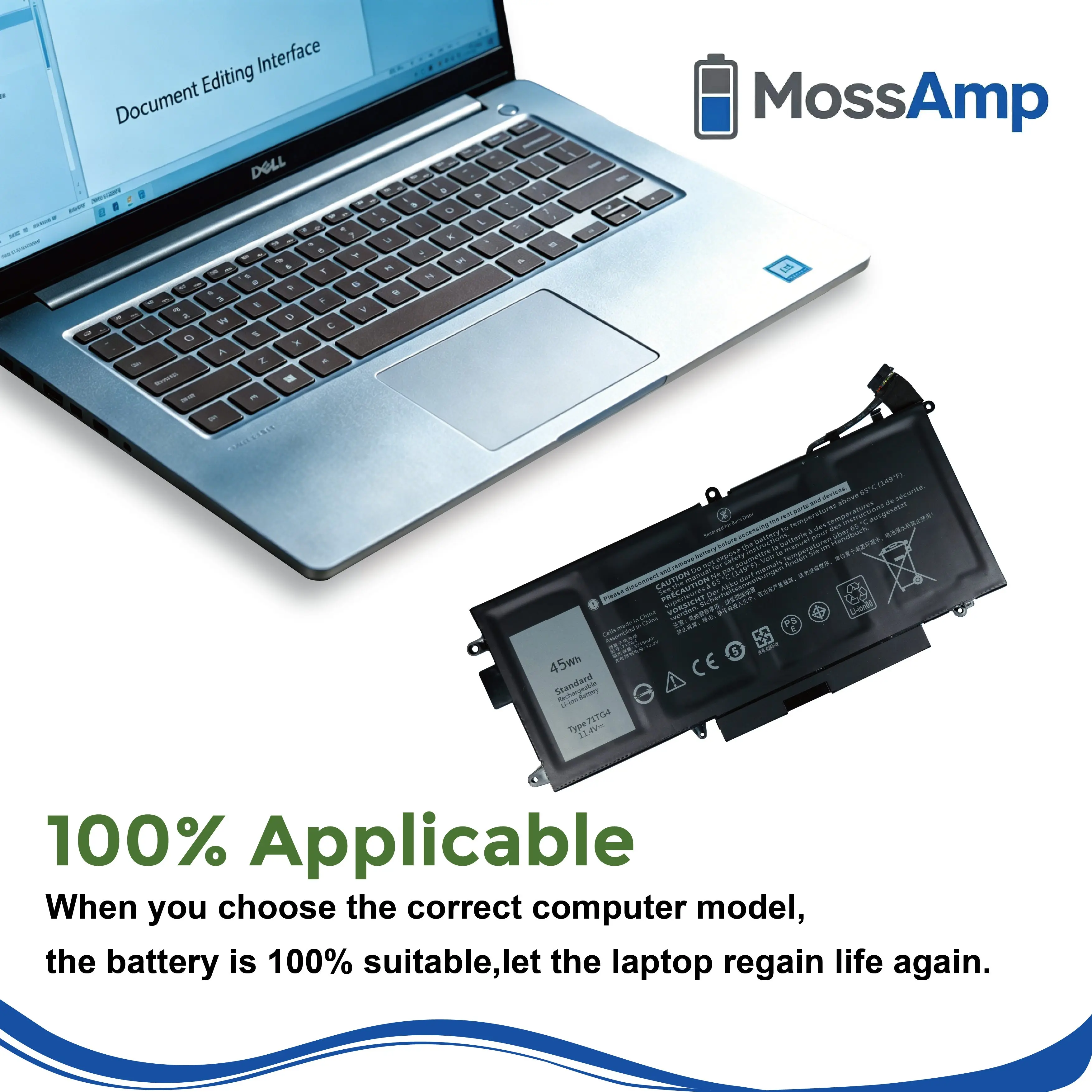 MossAmp 71TG4 11.4V 45Wh Laptop Battery for Dell Latitude 7389 2-in-1 7390 2-in-1 5289 2-in-1 Latitude 12 5289 CFX97 view 5