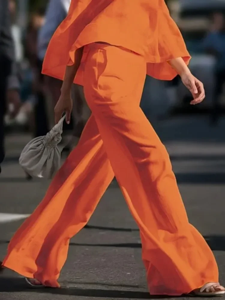 Beautyblue-pantalones de cintura alta para mujer, Pantalón recto de pierna ancha, informales, holgados, con bolsillos, color naranja, elegantes, para oficina