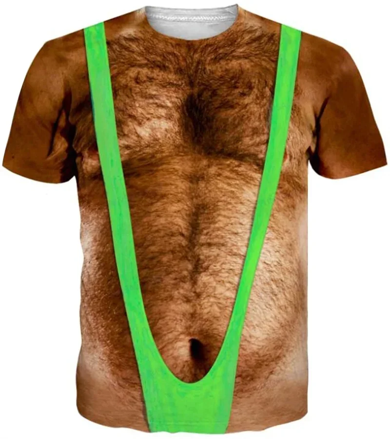 Men Funny 3D Fake Hairy Body Mankini Print T Shirt Novelty Simulation Torso Short Sleeve Unisex Prank Tee Halloween Party Tops