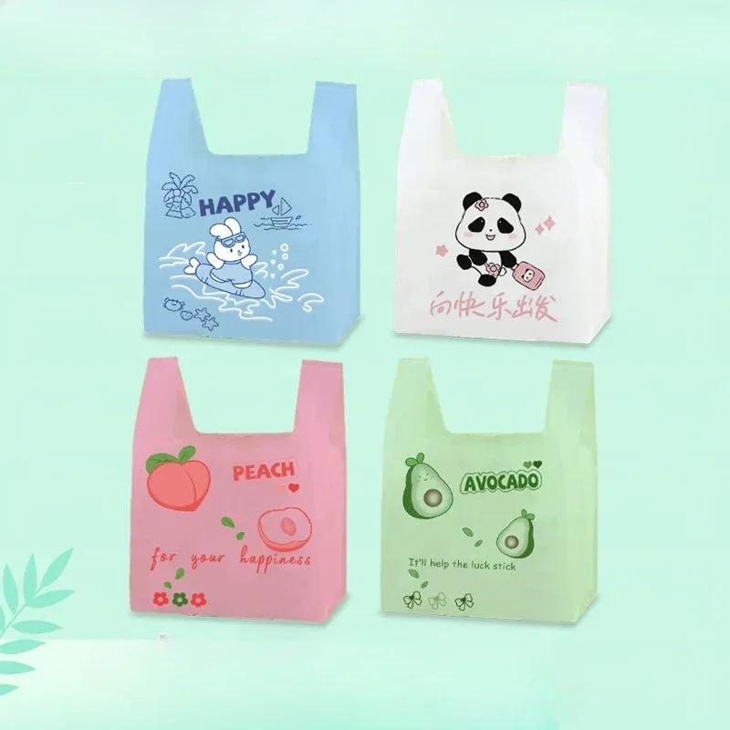 100pcs 0.04mm Thin Fruit Pattern Packaging Bag Blue Cartoon Panda Plastic Handbag Disposable Takeaway Pink Blue Packaging Pocket