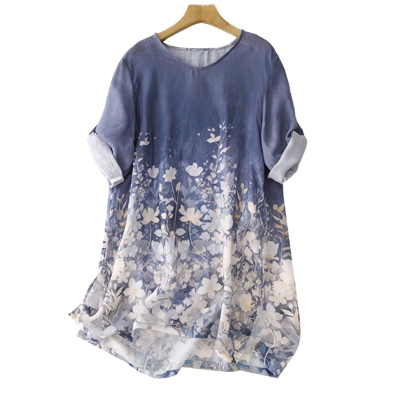 

Женское хлопково-льняное белье в стиле ретро, новинка лета, легкий размер миди с принтом, винтажный свободный крой, круглый, Ne irt