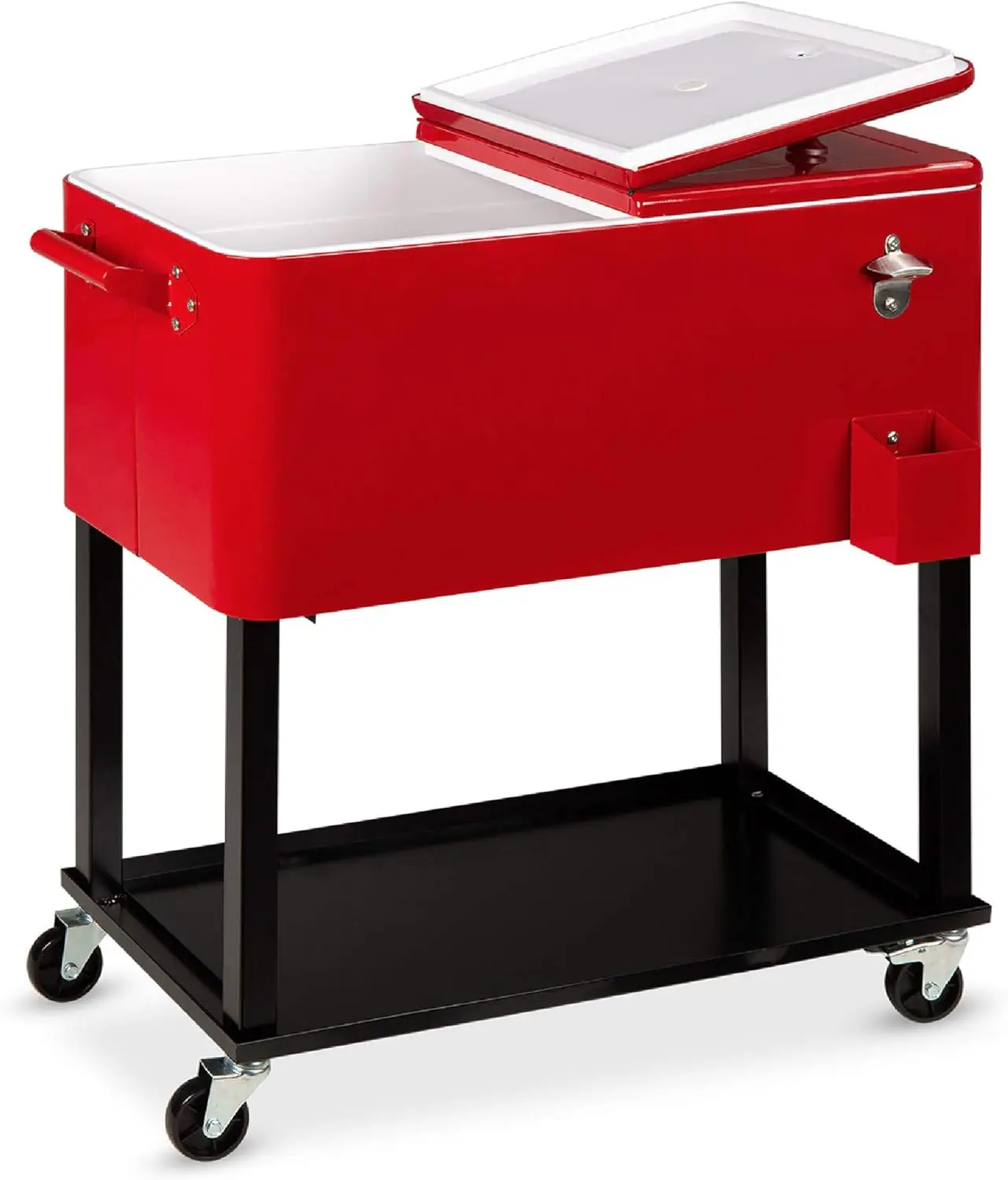 

80-Quart Outdoor Steel Rolling Cooler Cart for Cookouts, Tailgating, BBQ Cart with Ice Chest, Bottle Opener, Catch Tray, Drain